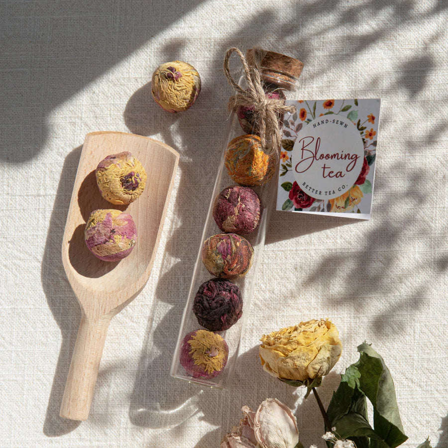 Blooming Tea Balls in Set of 6 Glass Jars and Tray