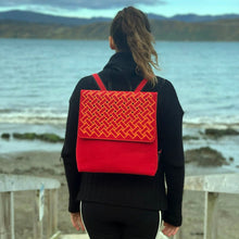 Load image into Gallery viewer, Jo Luping - Harakeke Weave Orange On Red Red Ecofelt Backpack
